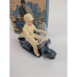 Mettoy friction drive Lambretta scooter no. 8134, the blue plastic scooter with cream handlebars and clear windshield, the rider with cream hat and clothing, stamped MTY 143 to front mud guards, in original box