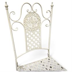 Pair of Victorian design wrought metal folding garden chairs, scrolled cresting rail over pierced foliate medallion, lattice back and seat on X-frame folding base