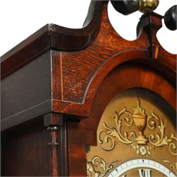 John Henry Coates of Wakefield- late19th century oak and mahogany 8-day longcase clock c 1860, with a swan necked pediment and central brass ball and spire finial, break arch hood door flanked by unusual turned pilasters, trunk with recessed rectangular corners and a wavy topped door, on a square plinth with conforming recessed corners and raised on a shaped base, fully painted dial with matching decorative rococo painted decoration to the spandrels and arch, with 