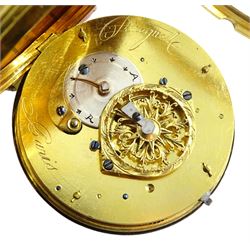 19th century gilt consular cased French verge fusee pocket watch, the back plate spuriously engraved 'Breguet Paris', front wound, white enamel dial with Arabic numerals