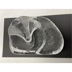 FM Ronneby Sweden large bear paperweight, together two glass penguins, one signed, small Hadeland bear and other glass animals. FM bear H9cm 