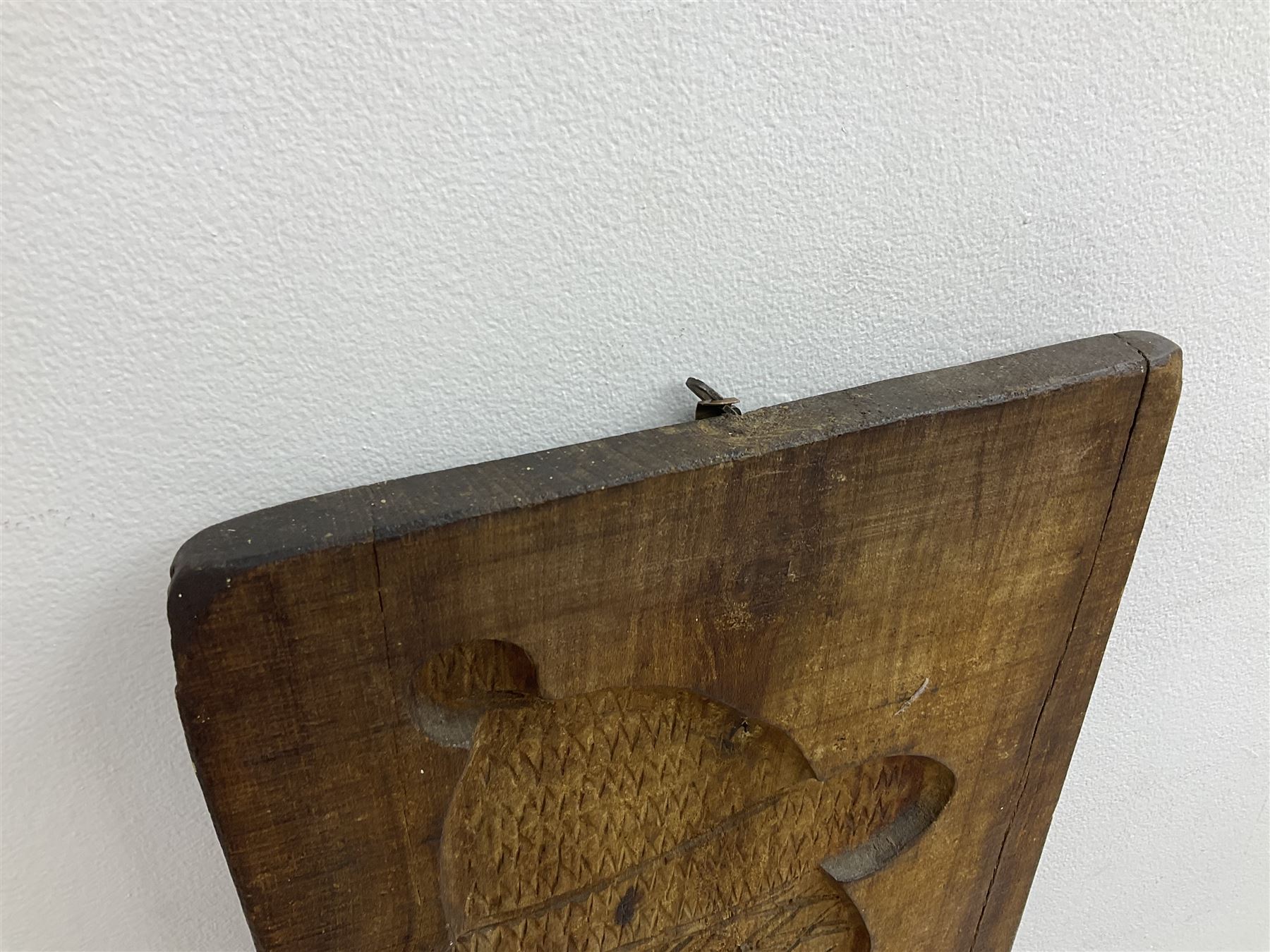 20th century hardwood Dutch folk art Speculaasplank or biscuit mould, typically carved with figure in traditional dress, H132cm