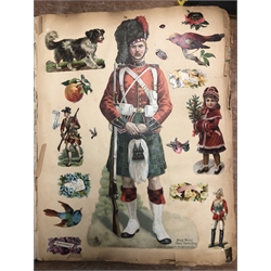  Victorian scrap album dated 1899 with thirty-two fully stocked leaves including scraps, greeting cards, military, rugby, Christmas, animals, flowers etc  