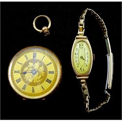 Gold open face ladies cylinder pocket watch, stamped 14K and 9ct gold ladies manual wind wristwatch, Chester 1931, on gilt strap
