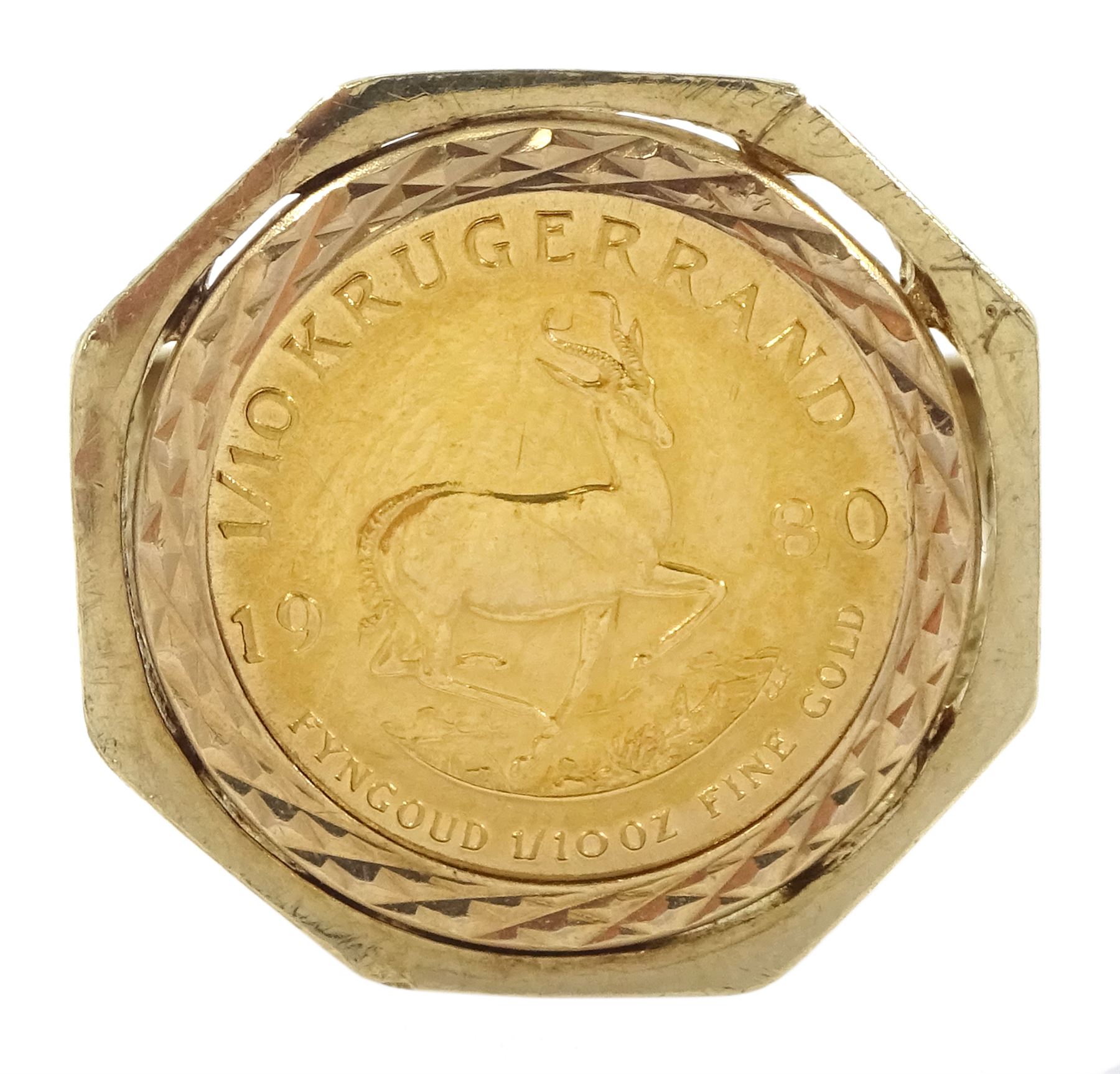 South Africa 1980 1/10 ounce fine gold Krugerrand coin, loose mounted in 9ct gold ring, hallmarked