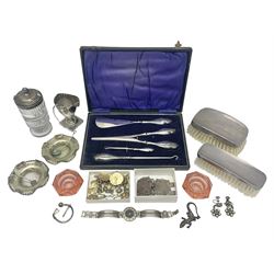 Silver handled four piece manicure set, in fitted case, two silver mounted dressing table brushes, a Georgian silver mounted cut glass preserve jar and cover and a silver helmet shaped jug, costume jewellery including earrings, bracelets etc