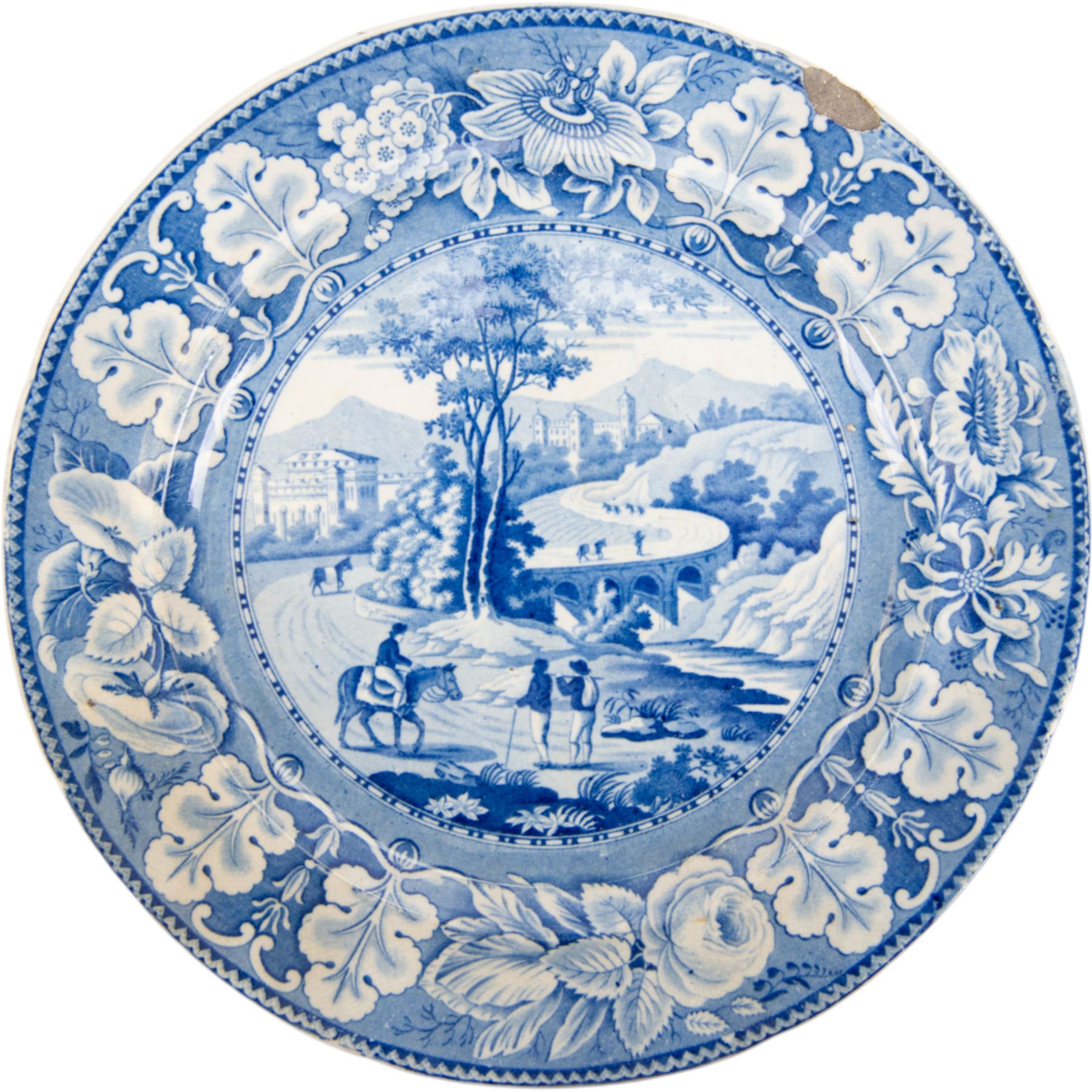 Eight 19th century transfer printed Italian Scenery pattern dinner plates, attributed to Leeds Pottery, with printed Italian Scenery mark beneath, D26cm