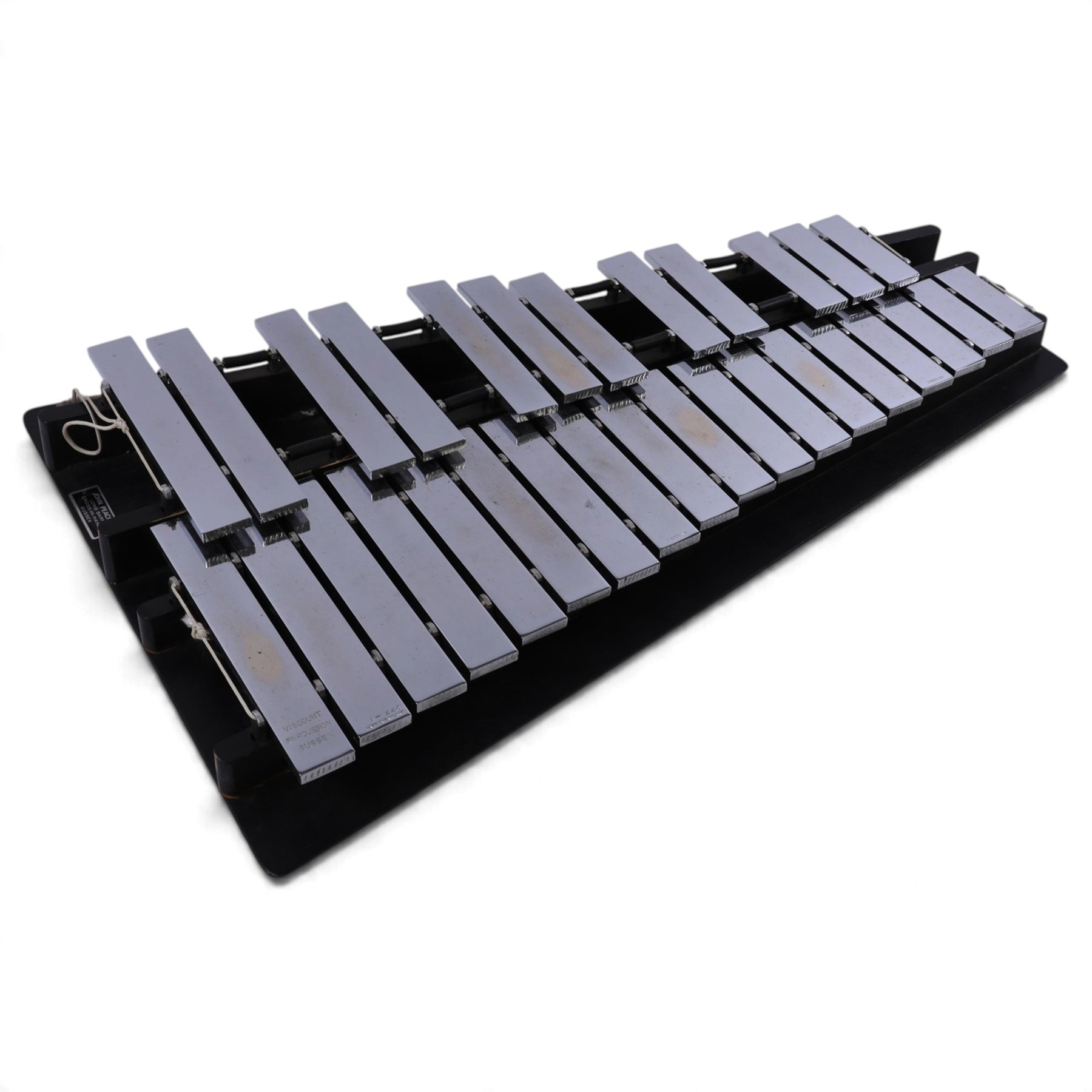 Viscount Percussion A-440 concert glockenspiel, made in England, with graduated metal bars on black wooden frame, contained within hard carry case