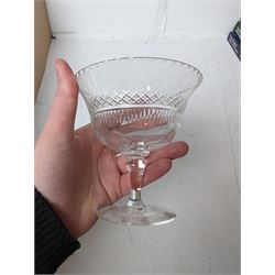 Five red hock glasses, set of six Webb & Corbett champagne coupes and other drinking glasses