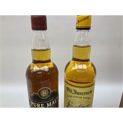 Mixed alcohol comprising Old Inverness Aged Scotch whisky, J.G.Thomson & Co, two bottles of White Horse Fine Old Scotch whisky, Three Barrels VSOP French Brandy in box etc, five bottles, various contents and proofs