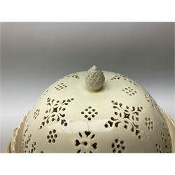 Large 20th century Leeds pottery basket and cover, of bulbous form with pierced detail and twin rope handle, with impressed mark beneath, H23cm D25cm