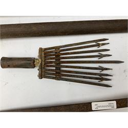 Blue and red painted gas powered bird / pest scarer, bearing label 'Exid bird & pest scarer, imported by C.R.E.A.C.O Hadleigh, Essex', , copper and brass Cymag gas hand pump, three eel spears and a set of badger tongs. Auctioneer's Note: These traps are sold as artefacts for ornamental purposes only as the use of some of them is illegal.