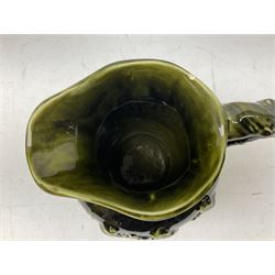 Three jardinières comprising West German Gerz example decorated in relief, Doulton Slaters example with frilled everted rim and a majolica example, and a further two Arthur Wood majolica jugs (5)