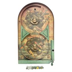 1934 Lindstrom's 'Airways' tin-plate bagatelle game by Lindstrom Tool and Toy Company Bridgeport Conn., the decorative bagatelle board depicting Lindstrom's epic airway routes; with wooden peg and quantity of balls H61cm