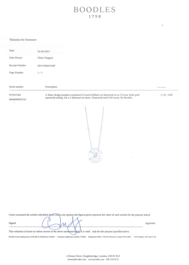 Boodles 18ct white gold Maze pendant necklace, set with ten round brilliant cut diamonds, to a trace link chain necklace set with two further diamonds and diamond set clasp, London 2014, total diamond weight 0.40 carat