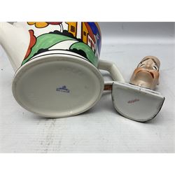 Novelty ashtray modelled as bald headed singer, the base entitled `By the light of the silvery moon...' together with a Sadler teapot of Clarice Cliff Farmhouse pattern style