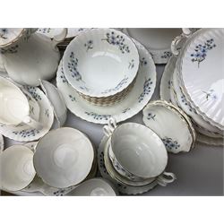 Extensive Richmond Blue Rock pattern part tea and dinner service, to include seven dinner plates, nine smaller plates, three lidded twin handled tureens, two teapots and two coffee pots, eleven bowls, cake stand, six twin handled soup bowls and saucers, six teacups, four coffee cups, milk jugs, sucrier, cake plate, salt and pepper shakers, other plates, dishes, bowls, side plates and many spares etc