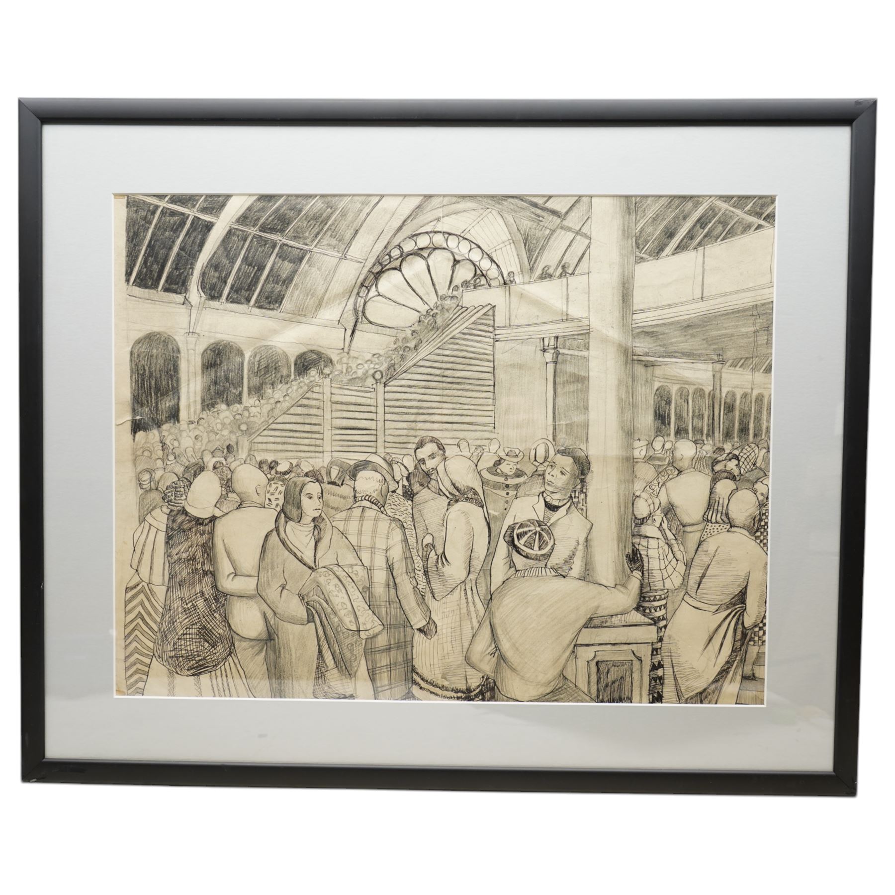 Attrib. Sir Stanley Spencer (British 1891-1959): A Bustling London Train Station, pen and pencil sketch faintly signed, circa late 1920s, 46cm x 60cm
Notes: The composition is filled with Spencer’s characteristic attention to human forms, each figure drawn with individuality and subtle emotion, capturing the energy and movement of a public space.The work's dense, rhythmic crowd scene and architectural grandeur, are reminiscent of his exploration of human interaction in both public and spiritual contexts, particularly during this time period.