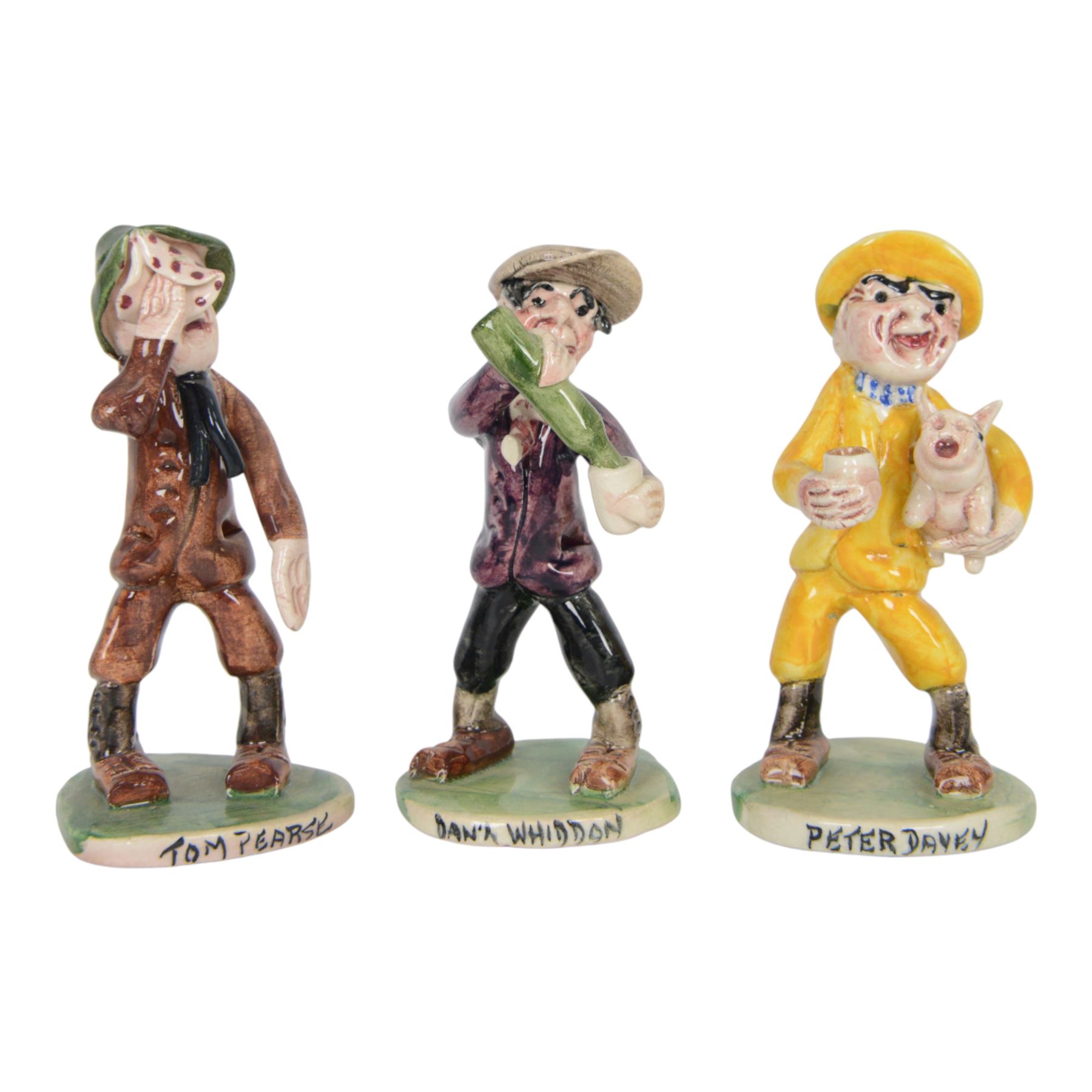 Ten Will Young studio pottery 'Widecombe Fair' figures, including Danil Whiddon and Arry Awke on bench, Peter Gurney, Bill Brewer, Peter Davey, Old Uncle Tom Cobley, Tom Pearse, Arry Wake, Danil Whiddon and Jan  Stewer, all with signatures to base, H10cm