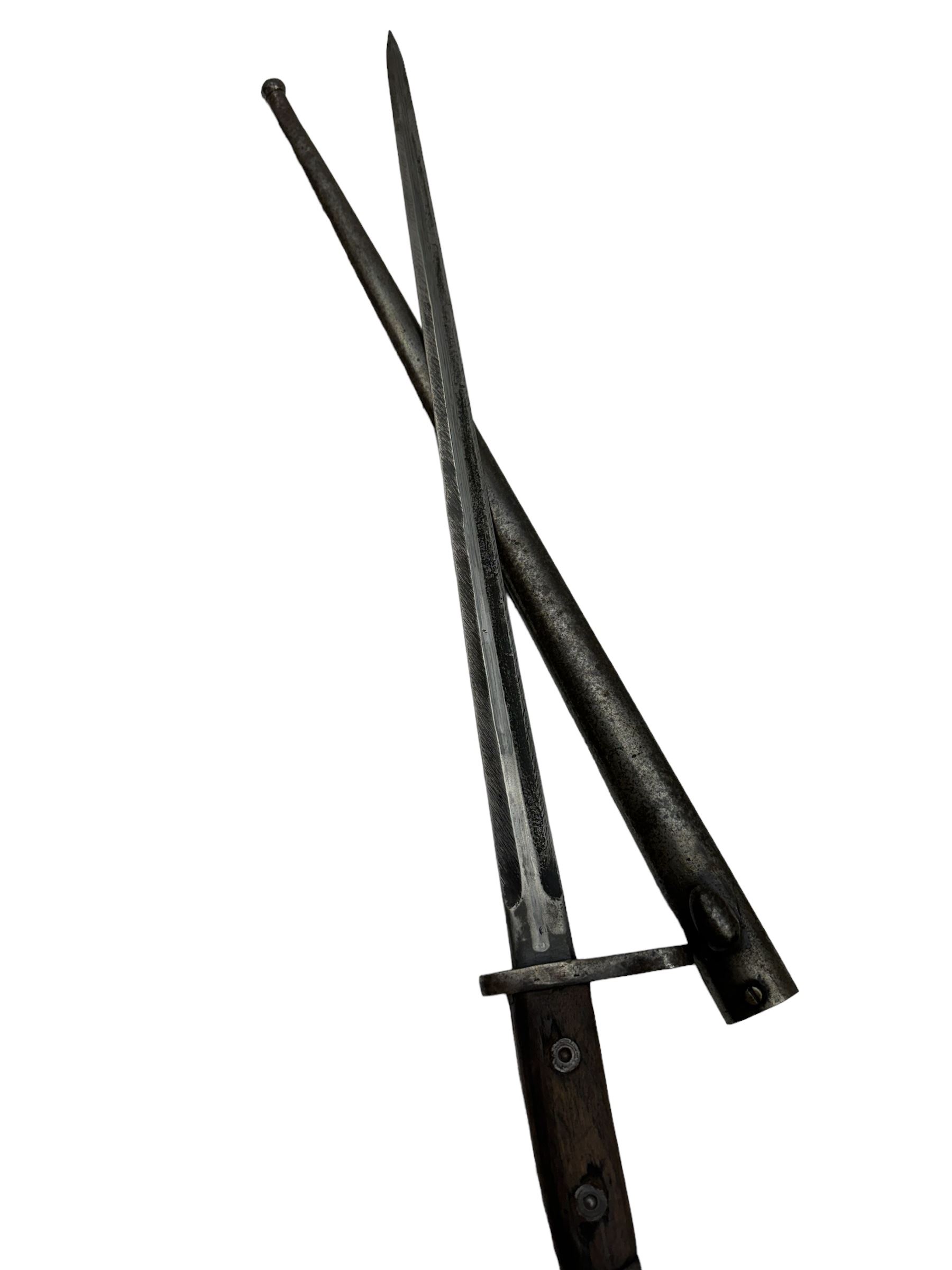 Dutch M1895 Mannlicher bayonet, with  44cm double edge blade, with wooden grip and bluing; in steel scabbard, L59cm 