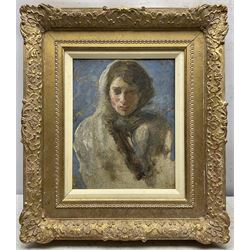 Richard Pikesley RWS PPNEAC (British 1951-): Portrait of a Lady, oil on panel unsigned, indistinctly titled and attributed verso 24cm x 19cm