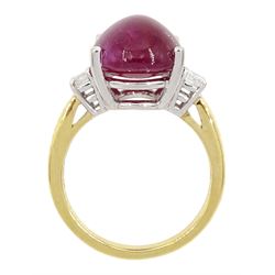 18ct gold three stone cabochon ruby and round brilliant cut diamond ring, hallmarked, ruby approx 11.40 carat