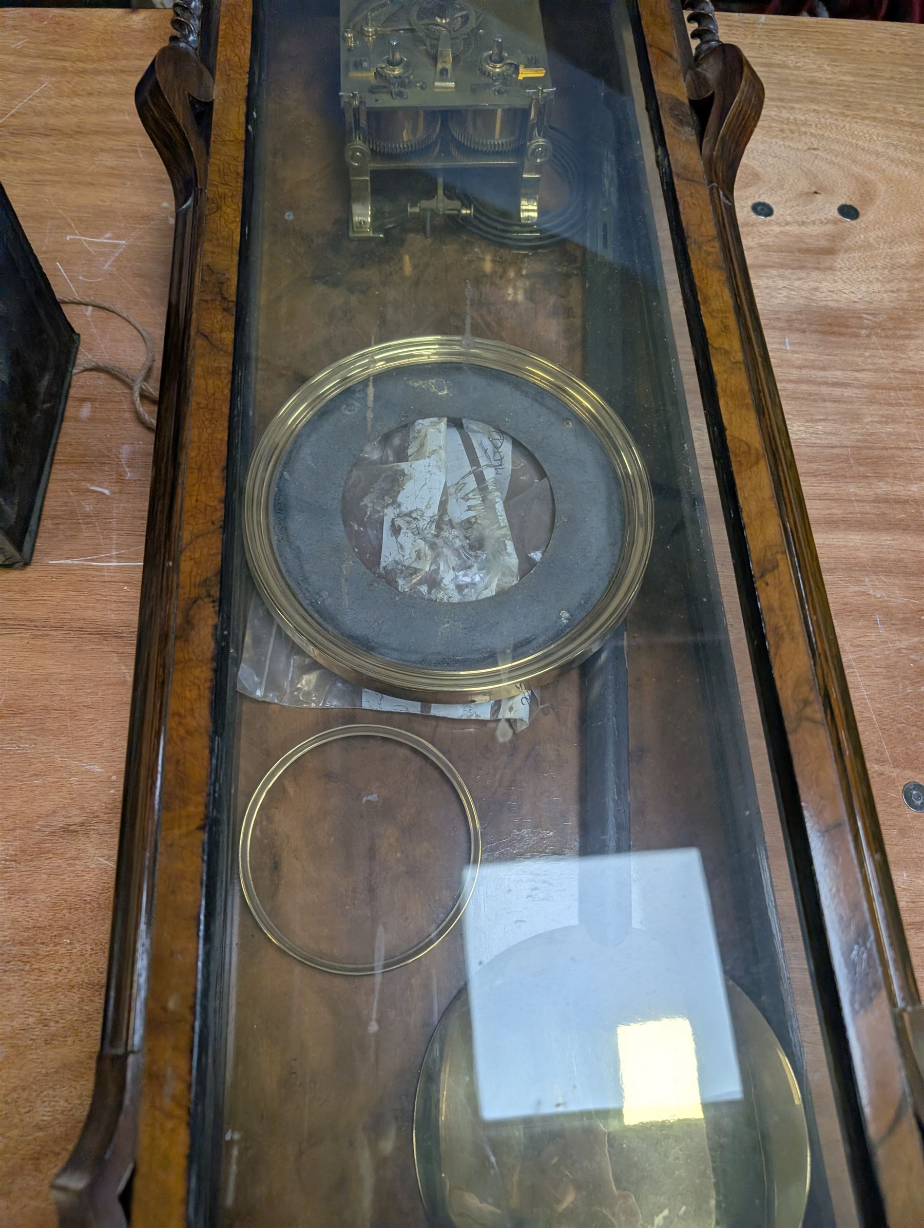 Reproduction Dutch lantern clock, eight day clock movement and a walnut cased regulator clock for restoration
