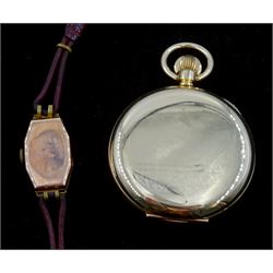 Early 20th century open face gold-plated keyless lever pocket watch by J.W.Benson, London, case by Elgin and a 9ct rose gold ladies wristwatch hallmarked, on leather strap (2)