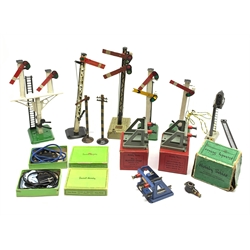 Group of trackside accessories for '0' gauge or larger by Hornby and other makers including six assorted electric/manual signals, JEP electric light signal, telegraph pole, three boxed buffer stops, two boxed French Tableau de Branchement (Connection Boards) etc