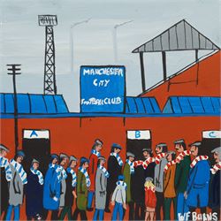 William Findley Burns (Northern British 1949-): The Manchester Derby, oil on canvas signed 30cm x 30cm (unframed)