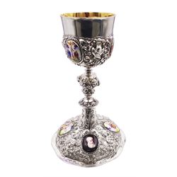 German silver chalice, the bowl, stem and foot each with 19th century repousse and chased ...