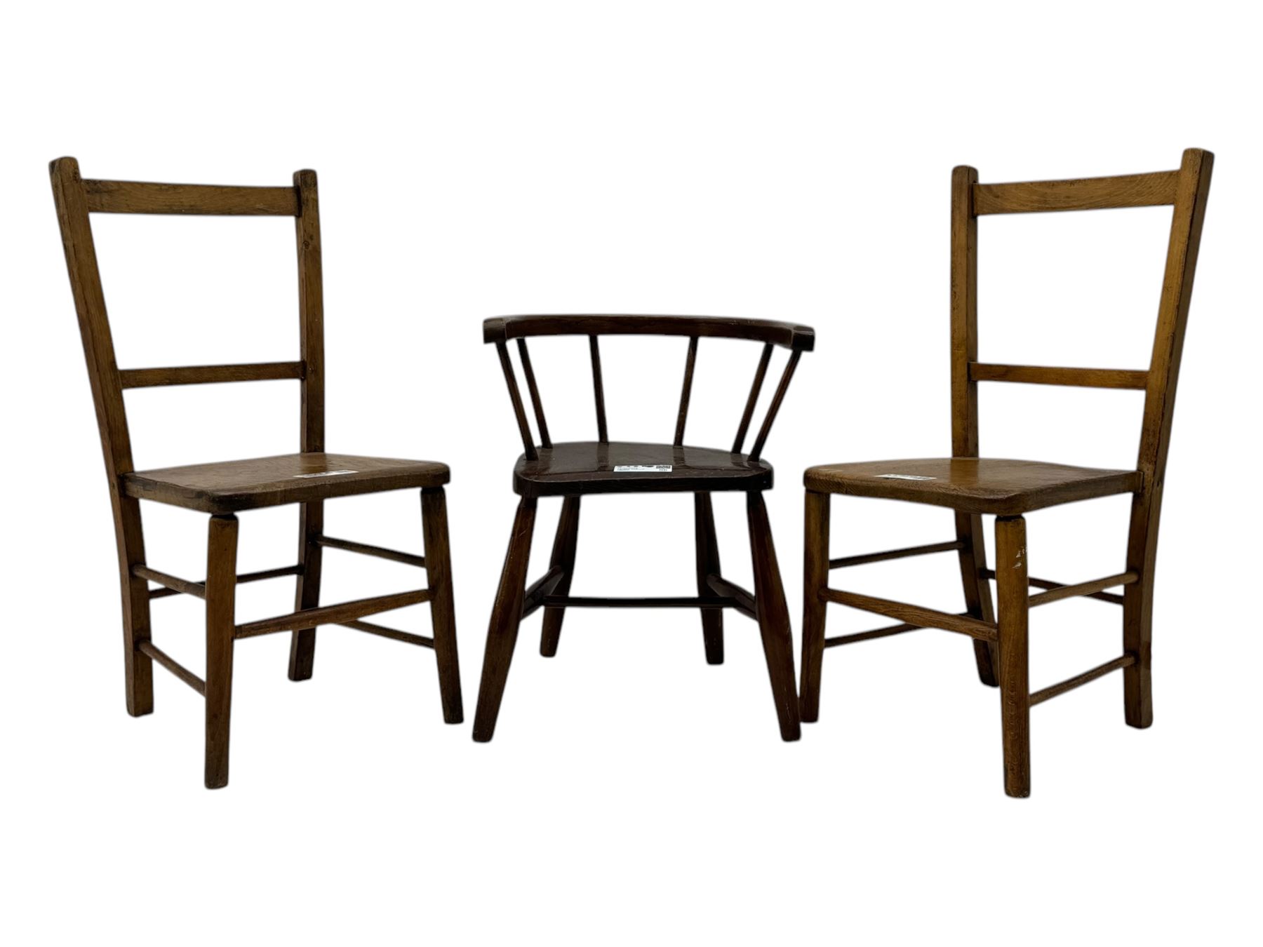 Pair of Victorian mahogany balloon back dining chairs (W49cm); 20th century oak drop-leaf dining table (W92cm); three small children's chairs (6)