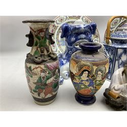 Collection of predominantly Chinese ceramics, to include pair of blue and white Foo dogs, pair of modern Famille Rose plates decorated with female figures, miniature garden seat, vases etc, together with carved soapstone teapot and cover