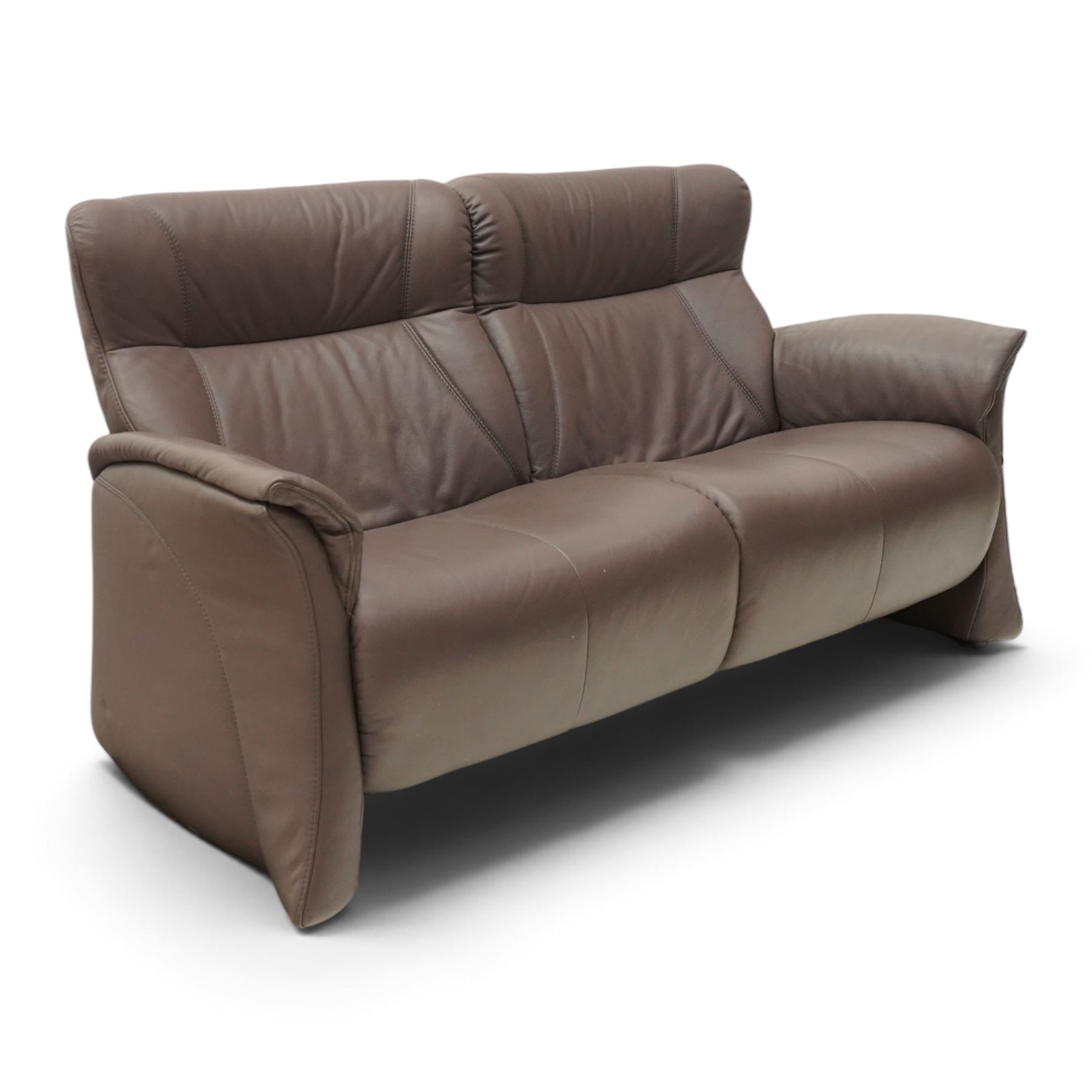 Himolla - ‘Cumuly’ lounge suite upholstered in deep aubergine leather, comprising two-seat sofa with high padded back, shaped arms and panelled upholstery (W 161cm, D 82cm, H 93cm), and three-seat sofa conforming (W 200cm, D 82cm, H 93cm)