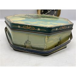 WWII period US Navy Mark I deck clock, the black circular dial with Arabic numerals,  luminous dot markers and subsidiary seconds dial marked 'Mark I Deck Clock U.S. Navy 15211 1941', in bronze bulk head case D20cm; and a Loose-Wiles Biscuit Company octagonal tin decorated with nine different US Warships (2)