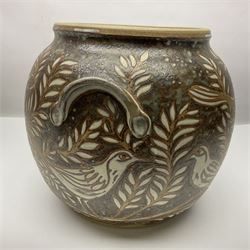 John Egerton (c1945-): studio pottery stoneware twin handled vase, decorated with birds in foliage on a mottled blue and brown ground, H28cm