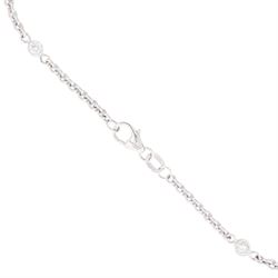 18ct white gold sapphire and diamond milgrain set necklace, oval cabochon cut sapphire surrounded by eight round brilliant cut diamonds and eight French cut sapphires, suspending from a diamond set leaf pendant, single round brilliant cut diamond and a larger old cut diamond, the chain set with six graduating cabochon cut sapphires, each surrounded by diamonds and spaced by a single diamond and a diamond set leaf, to a belcher link chain necklace, hallmarked, total sapphire weight approx 27.00 carat, total diamond weight approx 7.50 carat