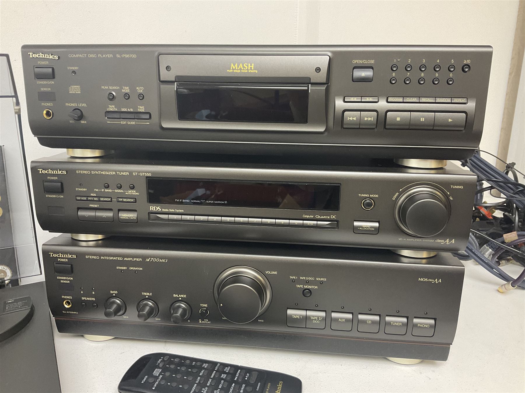 Hi-Fi equipment including Technics turntable SL-BD22D, Stereo Integrated Amplifier SU-A700MK3, Compact Disk Player SL-BD22D, with pair of Castle yew wood cased speakers