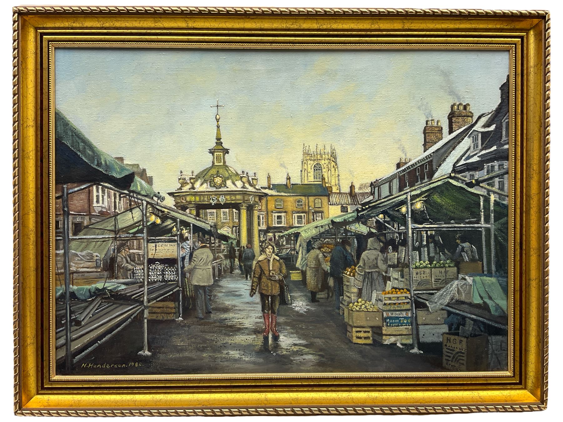 Neville Henderson (Irish ?-2020): 'Beverley Market', oil on canvas signed and dated 1980, titled verso 40cm x 56cm