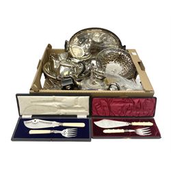 Quantity of silver plate to include cased silver plated fish knife and fork with hallmarked silver ferrules, teapots, etc