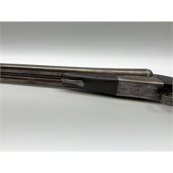 Lincoln Jeffries 12-bore side-by-side double barrel lightweight boxlock non-ejector sporting gun,  out-of-proof 66cm damascus barrels with sunken ribs, profusely engraved action, Prince of Wales walnut stock with chequered pistol grip and fore-end and thumb safety, sling swivels under barrel and stock, serial no.2139(?), L107.5cm overall RFD ONLY