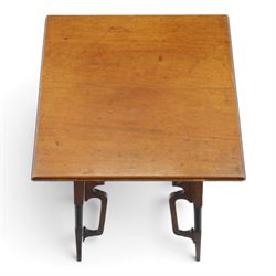 Art Nouveau design mahogany side table, square moulded top over pierced scroll shaped aprons, on four openwork supports