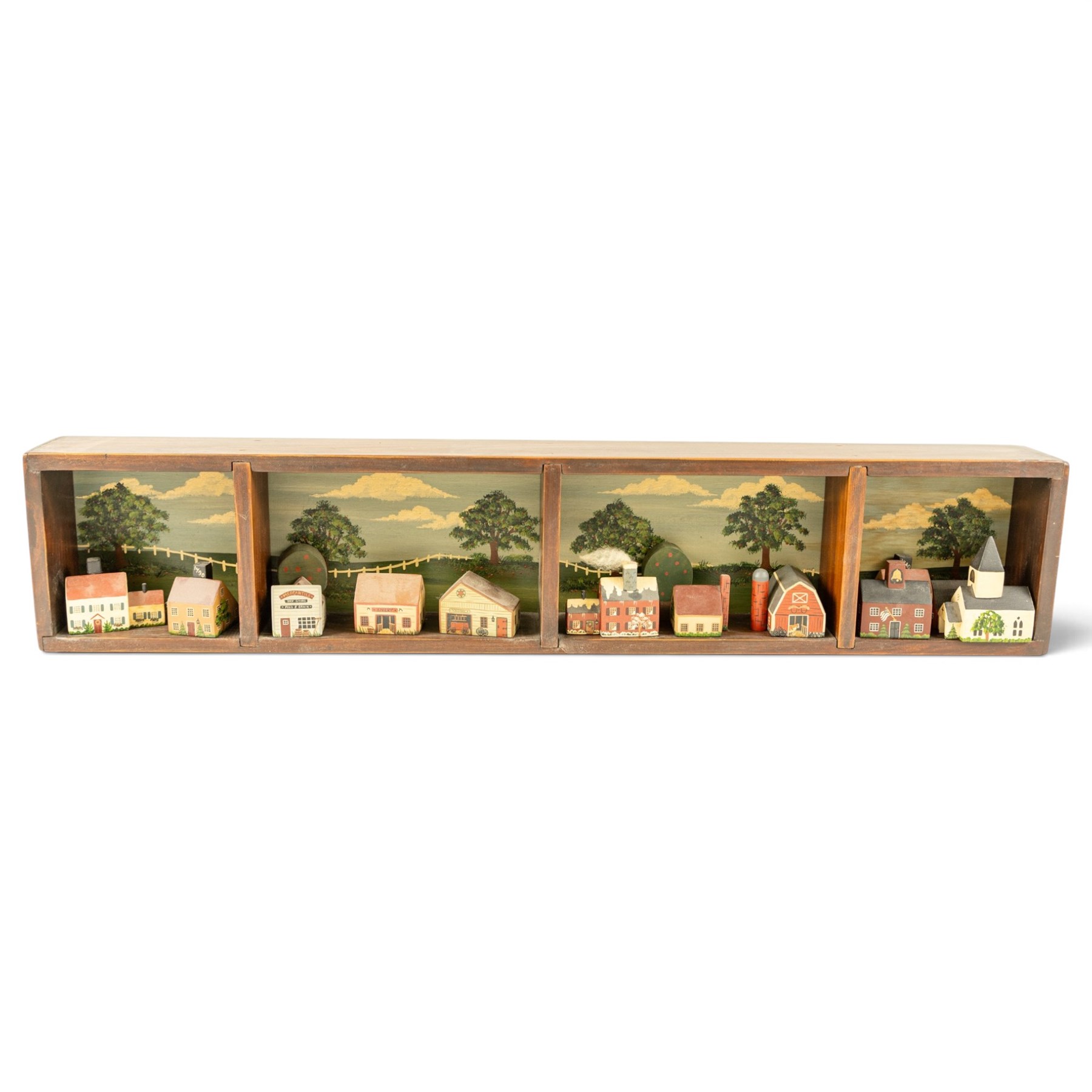 After D Chase (American 20th century): Sunday Afternoon, coloured print 19.5cm x 75.5cm; together with a diorama of an American Midwest Town with naive buildings, within a painted wooden display, houses signed named and dated 1985