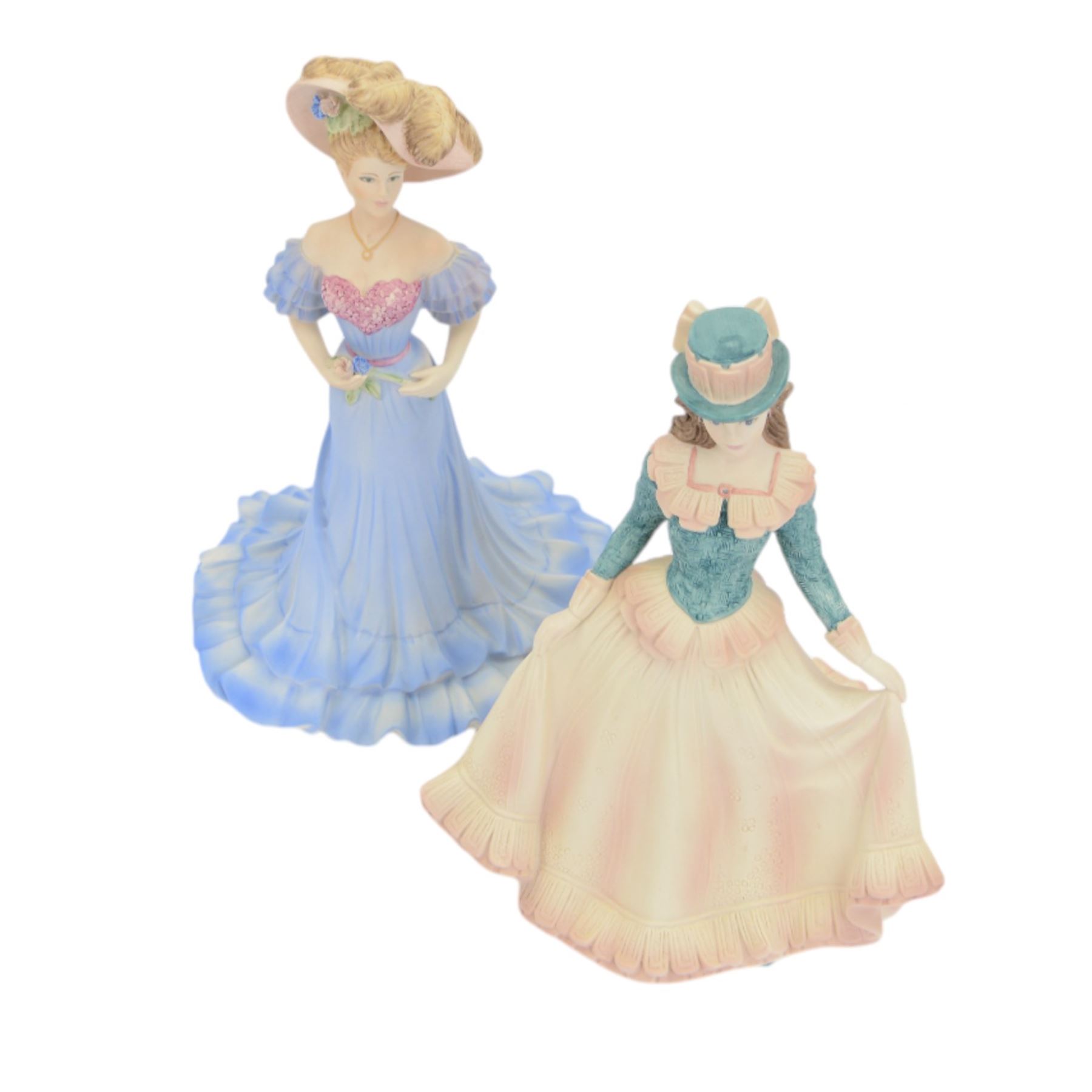 Eighteen Coalport Age of Elegance bisque figurines, including Brighton Promenade, Kensington Parade, Spring Pageant and Mandarin Crescent, mostly boxed