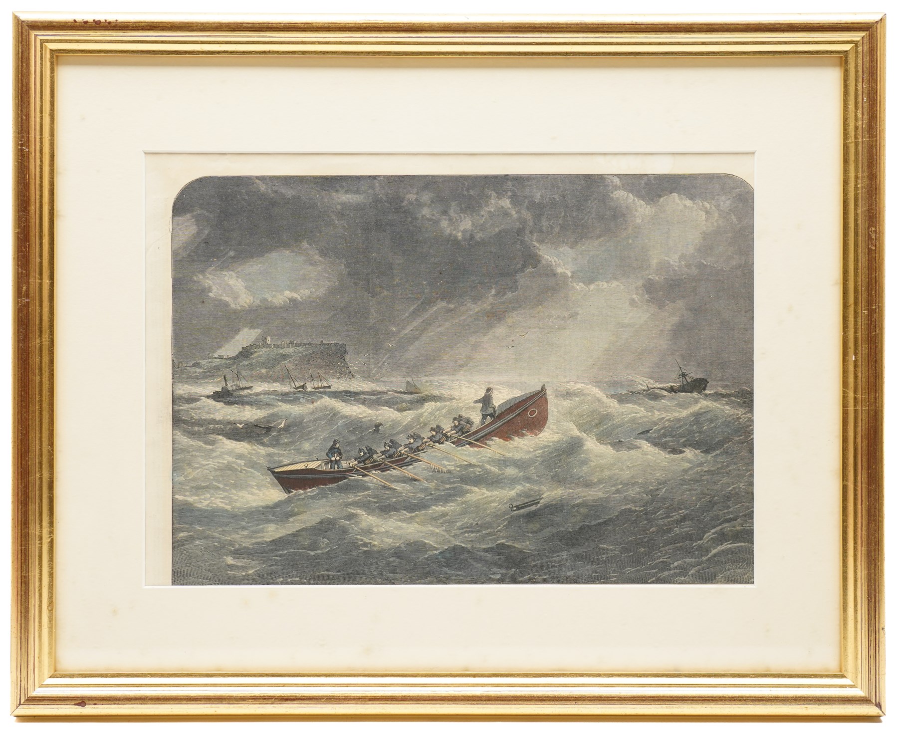Joseph Eaman (British 1853-1907): Fisherman at Heavy Tides, watercolour signed 26cm x 41.5cm; After Frederick James Smyth (British fl.1841-1867): Stormy off Tynemouth Castle, hand-coloured engraving signed on the plate 24cm x 34cm; After Harry Hodges Tansley (British 1883-1961): Sheringham and Cromer, photographic print 18.5cm x 28.5cm (3)