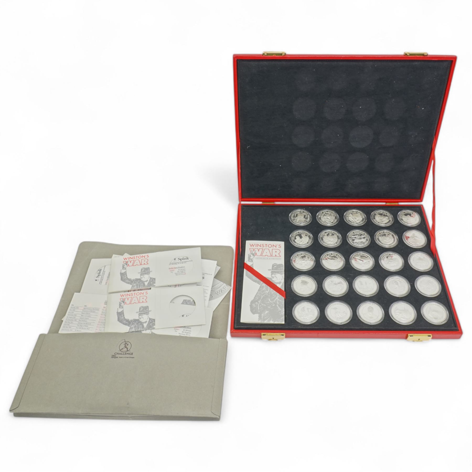 Winston Churchill, 'Winston's War' - Limited edition set of twenty five silver medals struck by Spink & Son, issued to commemorate 50th anniversary of Churchill's wartime premiership, all within capsules and red leather case with certificates etc 56/5000
