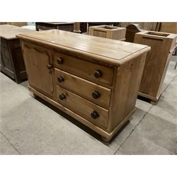 Victorian pine dresser, fitted with single cupboard door with shield shaped panel and three drawers, on bun feet - THIS LOT IS TO BE COLLECTED BY APPOINTMENT FROM THE OLD BUFFER DEPOT, MELBOURNE PLACE, SOWERBY, THIRSK, YO7 1QY