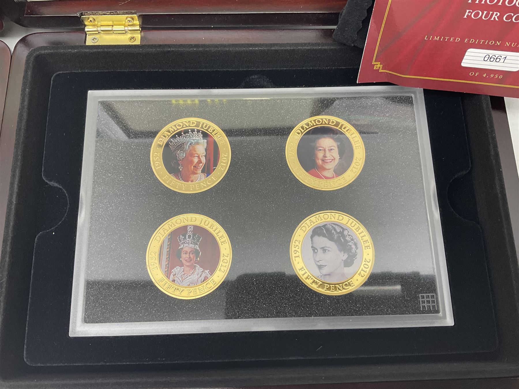 Mostly commemorative coins including The Royal Mint 1997 proof coin collection, Westminster 2013 'The Royal Baby Photographic 65mm' coin, Jubilee Mint 2017 'The Queen Elizabeth II Sapphire Jubilee' five pound coin collection etc