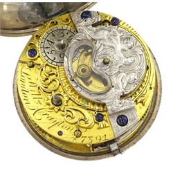 George III silver pair cased mock pendulum verge fusee pocket watch by William Crayton, London, No. 7391, the balance cock embossed with cherub decoration, white enamel dial with Arabic numerals and bull's eye glass, case by Thomas Sones, London 1761