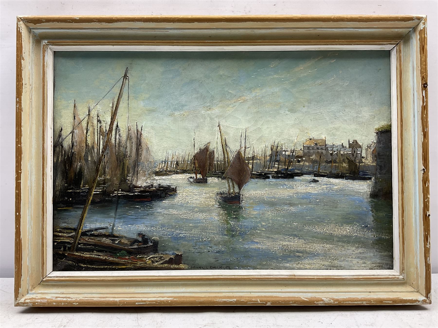 Frank Lewis Emanuel (British 1866-1948): Fishing Boats in the Harbour Concarneau, oil on canvas signed 26cm x 40cm